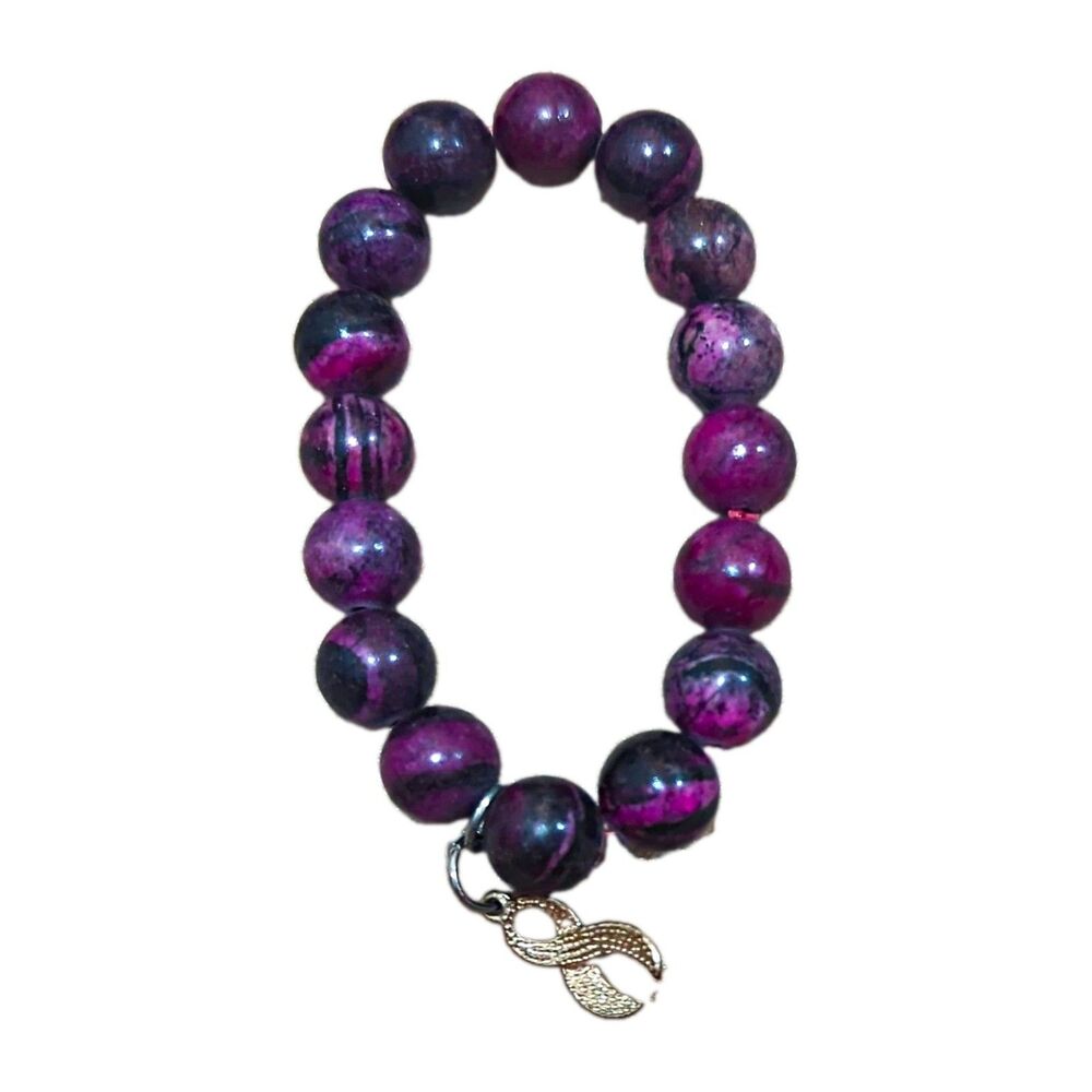 Purple & Black Stone Stretch Beaded Bracelet Round Beads Dangle Charm